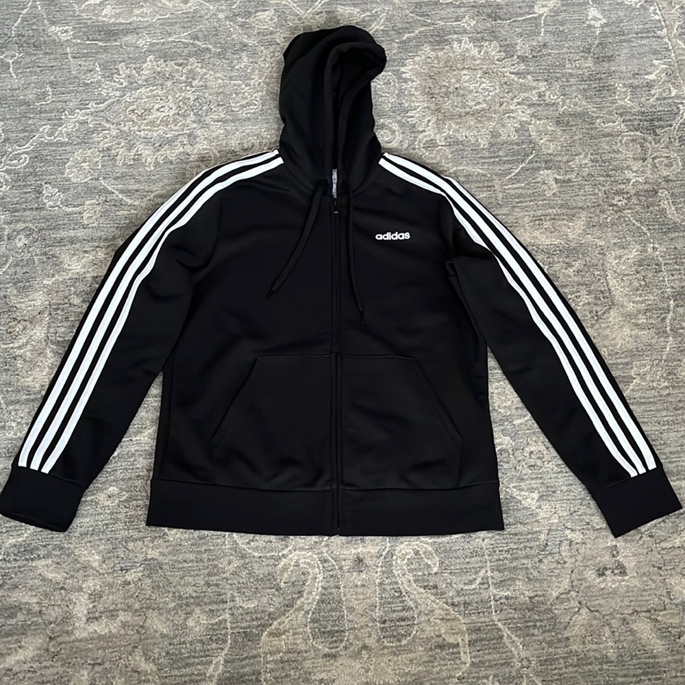 Adidas hoodie size large black front zip jacket.
